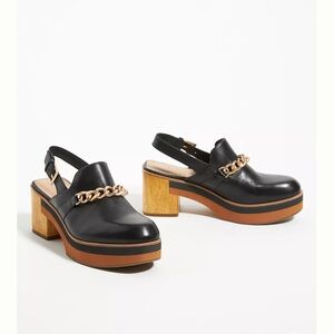 Bernardo Black Leather Chain-Trim Platform Mules with Wood Heel
